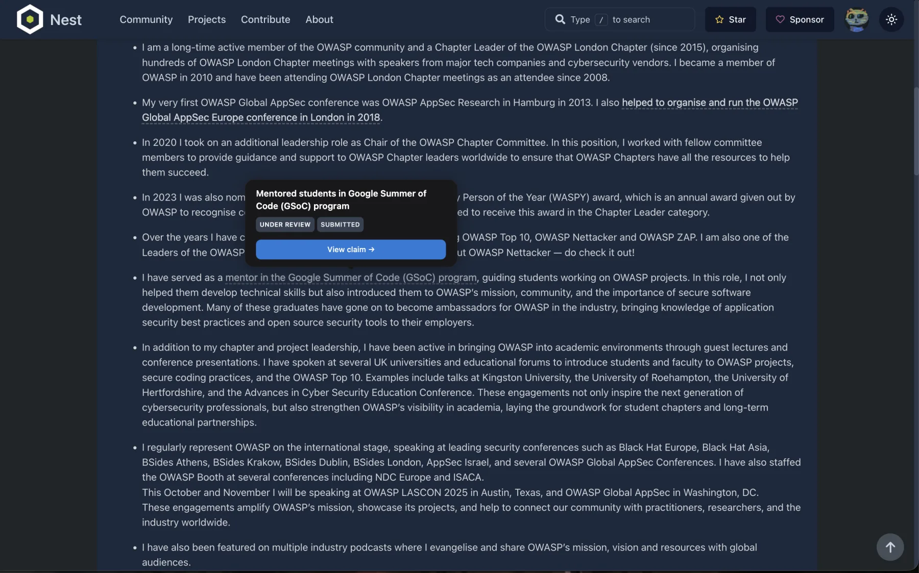 A submitted claim shown on the candidate profile