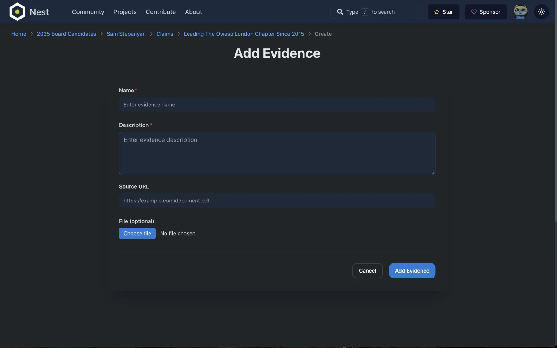 Add evidence form with name, description, source URL, and file fields