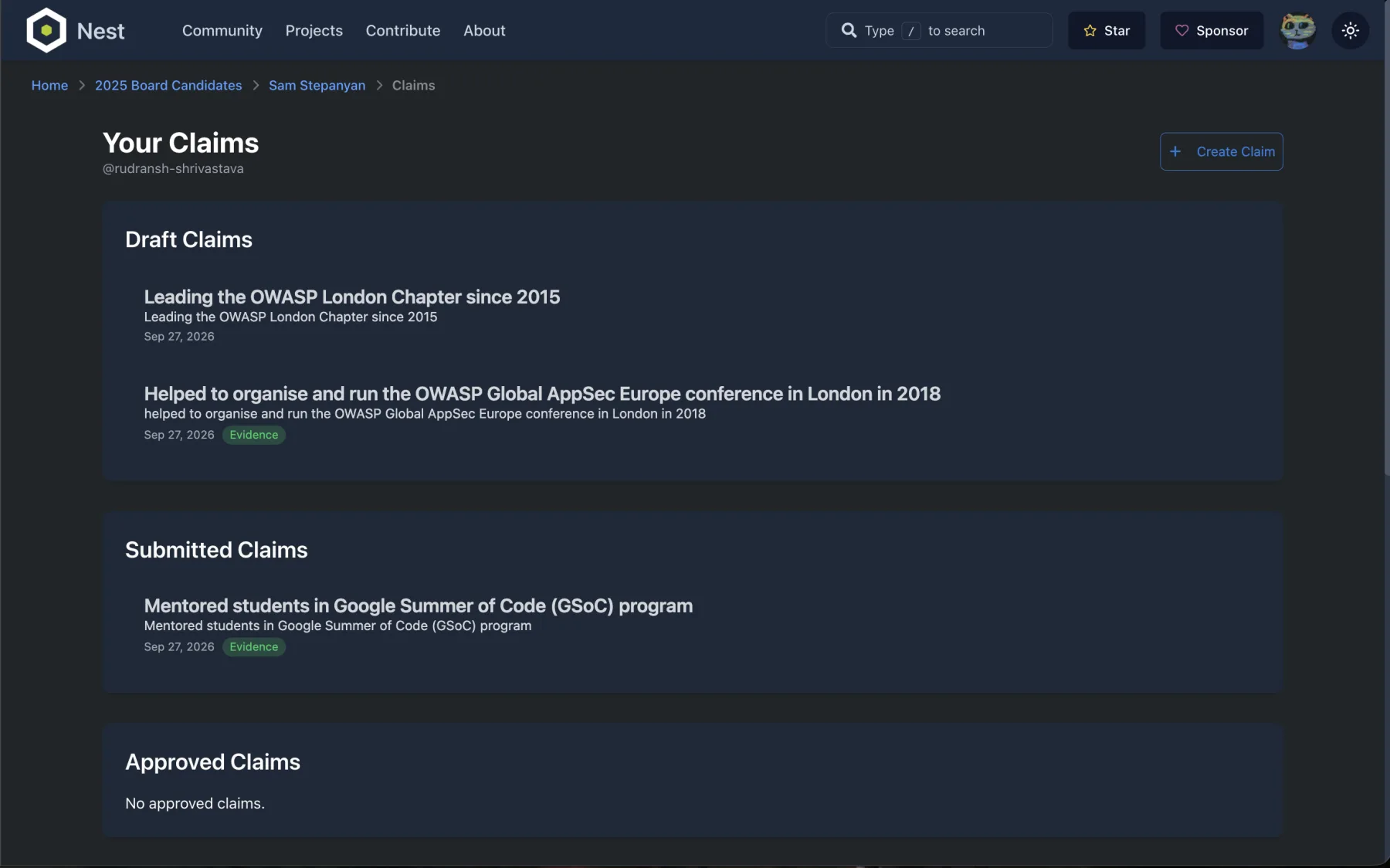 Candidate claims dashboard with draft, submitted, and approved claims