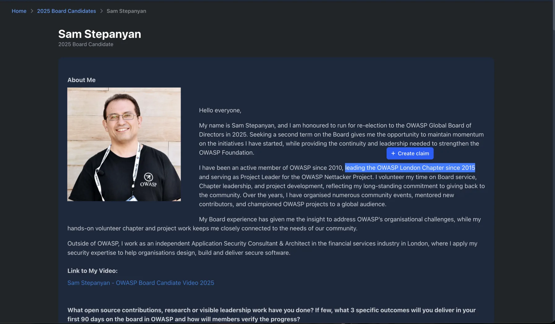 Creating a claim from highlighted text on a candidate profile
